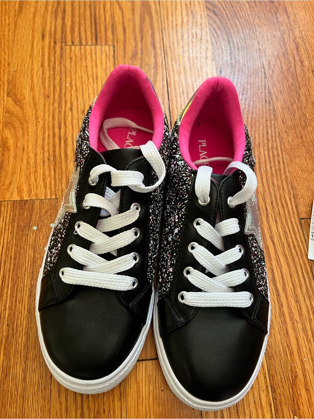 Girls' Black Glitter Lace-Up Sneakers with Pink Lining